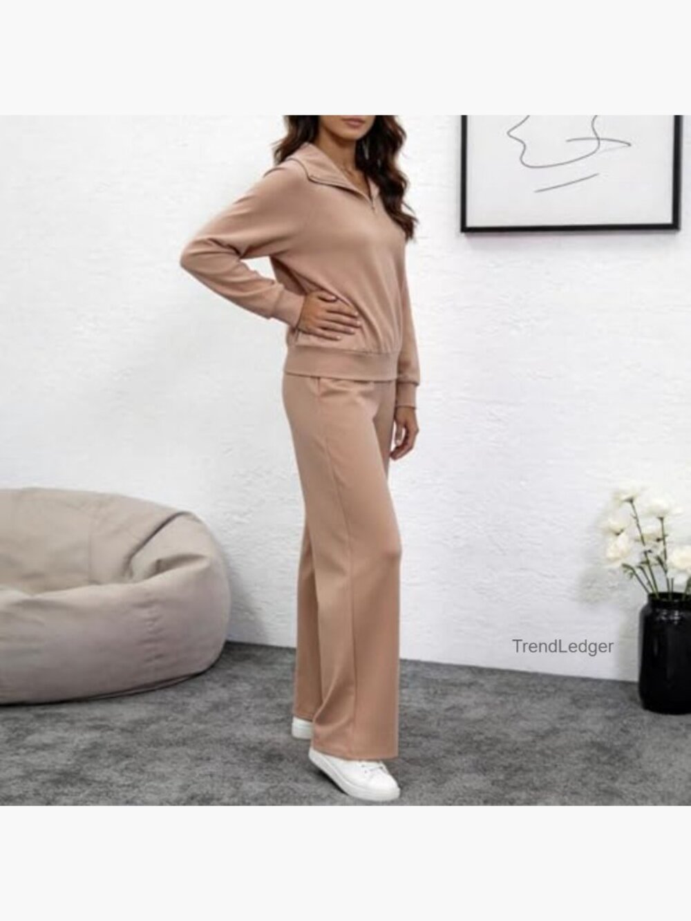 Women's Knit Sweater Set - Half Zip Pullover & Wide Leg Pants - Picture 4 of 5